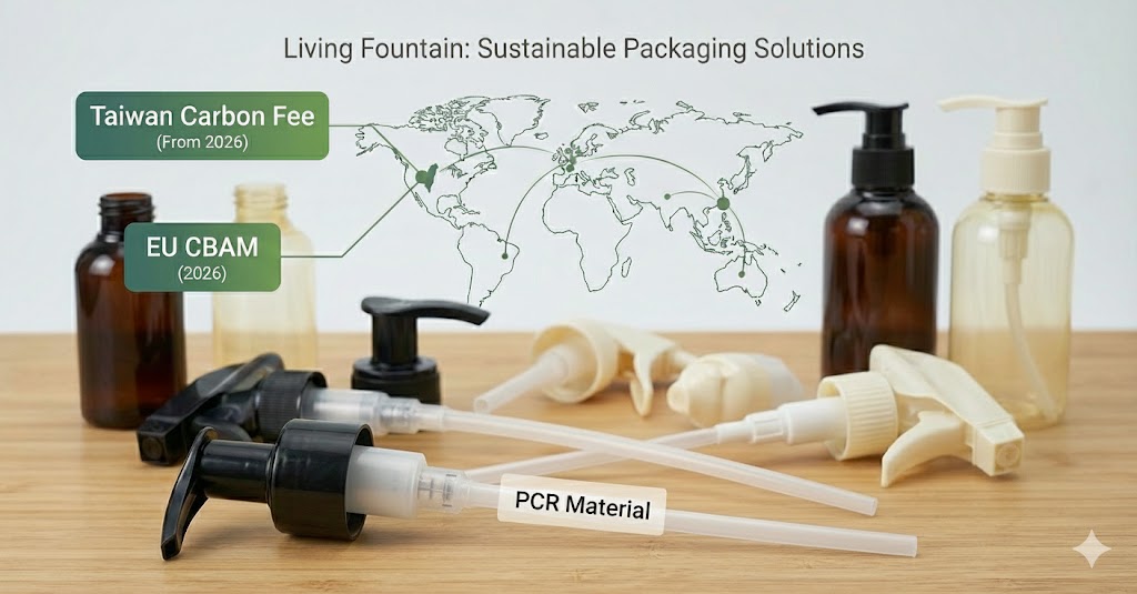 Living Fountain PCR pumps provide sustainable solutions for 2026 Taiwan Carbon Fee and EU CBAM compliance.